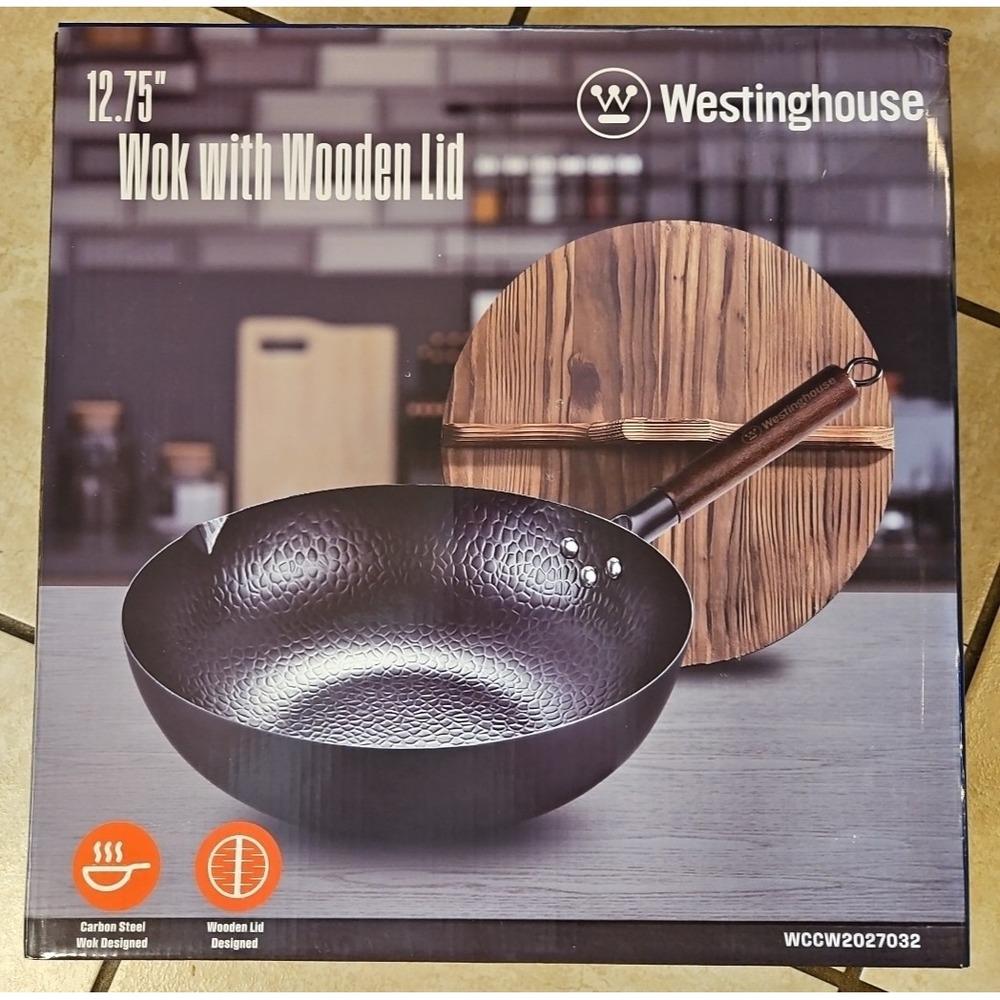 *NEW* Westinghouse Hammered Carbon Steel 12.75" Inch Wok Wooden Lid New With Box